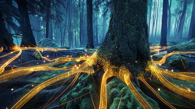 Leuchtende Wurzeln eines mystischen Baumes