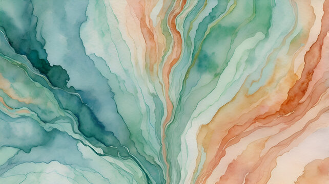 A fusion of pastel blues, mint greens, and warm peach tones in a fluid watercolor effect, creating a soothing and artistic background. The center fades into a light, airy space perfect for messages.