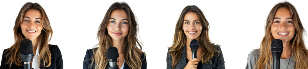 Young woman journalist with a mic on transparent background collection set