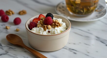 Cottage Cheese with Berries and Nuts Healthy Breakfast Still Life