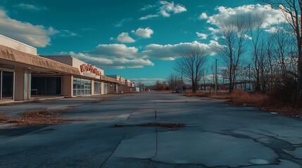 Empty parking lot in desolate strip mall pictures