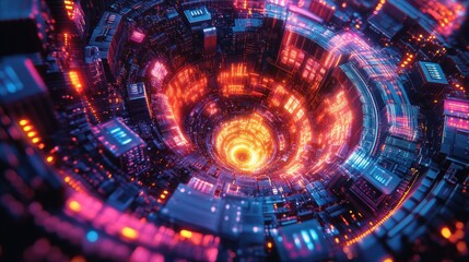 Abstract futuristic tunnel, glowing, vibrant colors, digital art, technological, vortex, spiral, architecture, city, illuminated, neon, energy,  cyberpunk