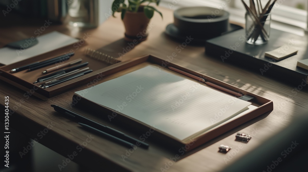 Poster creating a calm and organized workspace with stationery and natural light