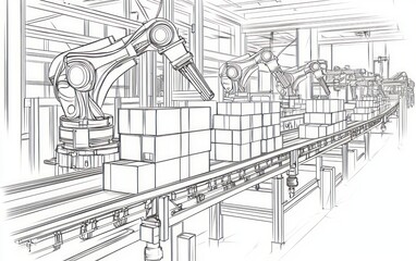 Ultra-HD line art a factory conveyor belt with boxes and robotic arms, symbolizing industrial precision and flow
