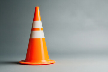 Clean orange road construction cone placed on a neutral background