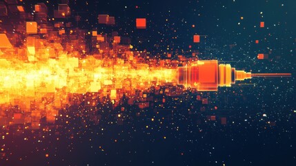 Abstract digital art of a fiery, pixelated, geometric structure erupting in space.