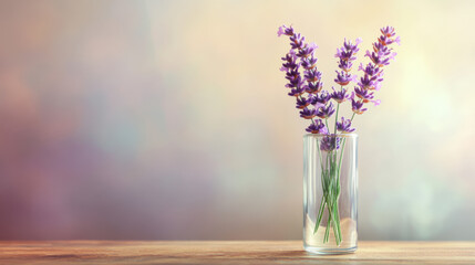 A single lavender sprig in a cylindrical glass vase, half-filled with water, placed on a matte-finish wooden surface