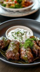 Discover the flavors of Armenian dolma wrapped in grape leaves with creamy yogurt and fresh dill presented in traditional pottery