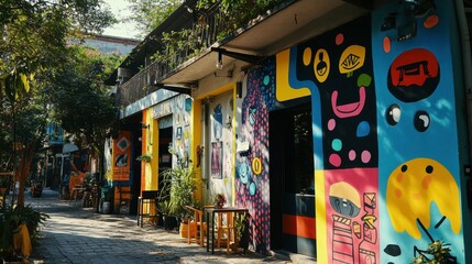 Fototapeta premium Vibrant Urban Cafe with Colorful Art and Daylight View