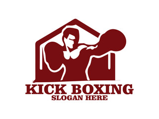 illustration kick boxing of a boxer in a fighting stance with raised gloves against, kick boxing  of a boxer with muscular build, raised gloves  background. Fitness and sports concept and logo vector