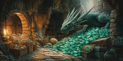 Obraz premium A majestic dragon guards its treasure within a stone cavern