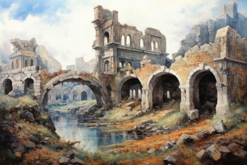 Naklejka premium a picturesque watercolor depicting ancient ruins. The remains of majestic architecture, arched bridges and dilapidated walls create an atmosphere of abandonment and a bygone era 