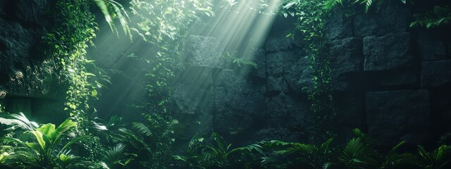 Fototapeta premium Sunbeams illuminate lush jungle foliage, stone wall backdrop, game background