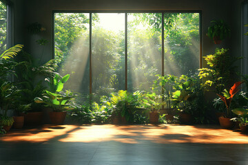 a spacious room with large panoramic windows through which soft sunlight penetrates inside. tranquility.