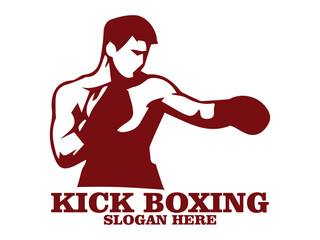 illustration kick boxing of a boxer in a fighting stance with raised gloves against, kick boxing  of a boxer with muscular build, raised gloves  background. Fitness and sports concept and logo vector