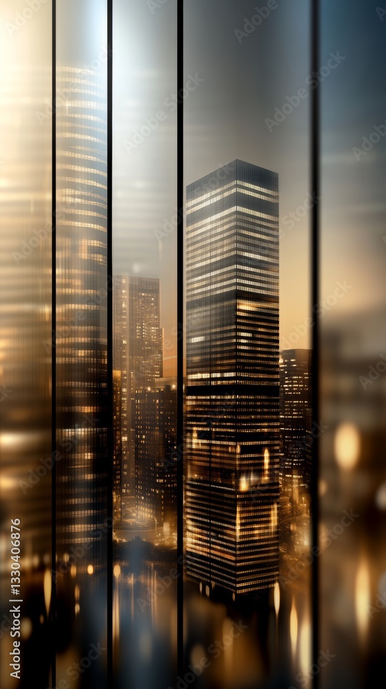 Poster exploring the vibrant urban skyline showcasing modern architecture with illuminated features and sha