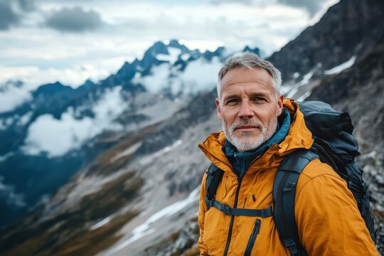 Man enjoying a scenic mountain view during a cloudy day in a forested area beneath the peaks of the countryside