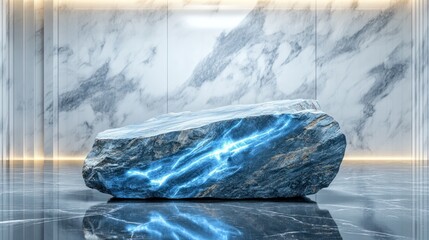 Abstract, blue, illuminated, stone, display, pedestal, marble, backdrop, interior,  modern, luxury,  elegant,  background,  product,  presentation