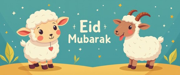 Obraz premium Vibrant Eid Scenes: Animated Sheep and Starry Night for Eid Ul Adha & Eid Ul Vida Celebrations. A couple of sheep standing next to each other on a hill.