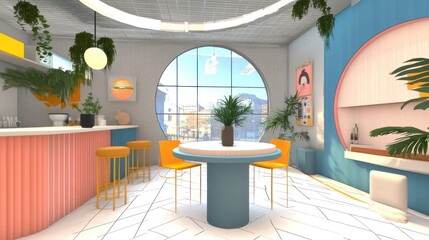 Trendy cafe interior, round window, city view, plants, design