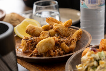 Fried calamari on plate for appetizer Canary islands Spain