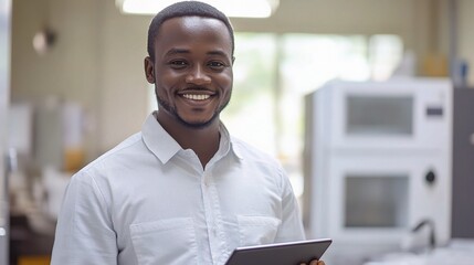 Smiling African Engineer Holding Tablet in Modern Office Setting