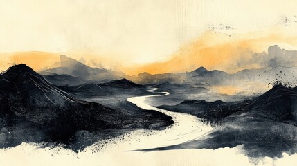 Abstract landscape painting of a winding river valley, with dark mountains and a pale orange sunrise.