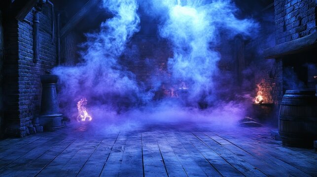 Dark, atmospheric attic room filled with dramatic purple and blue smoke.  Wooden floor and brick walls