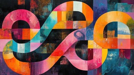 Abstract art piece with vibrant colors, flowing lines, and geometric shapes, creating a sense of movement and depth.