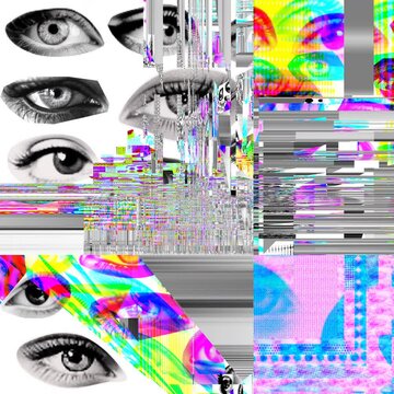 Fragmented surveillance eyes with pixelated glitch distortions and color bleeding. Perfect square loop for paranoia themes, avant-garde projects, and electronic art.