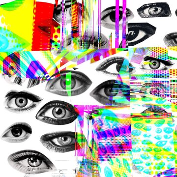 Distorted eye collage with RGB corruption and datamoshing effects. Square ratio seamless loop ideal for experimental video, cyberpunk aesthetics, and digital art.