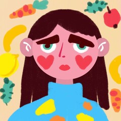 Sad Hand Drawn Girl with Fruit Background. Illustration of Trendy Artistic Woman Portrait Emotional Sketch Concept.