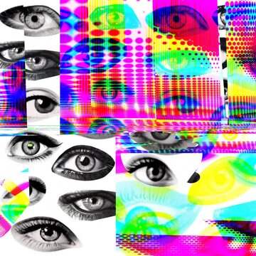 Trippy glitch field of colorful and monochrome eyes in square format. Seamless loop perfect for psychological themes, glitch art projects, and surreal visual content.