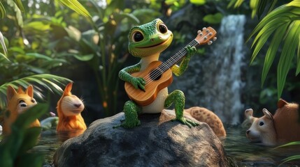 Naklejka premium Jungle gecko plays guitar, surrounded by animals