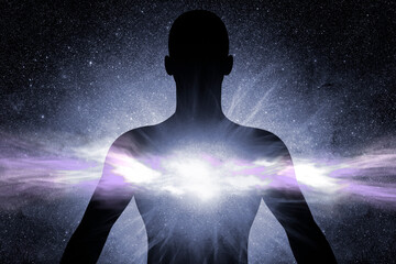 Illustration. The Cosmic Embrace A Silhouette of man in the Heart of the Universe