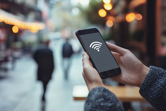 Hands holding a smartphone displaying a white WiFi symbol on a busy street during daytime