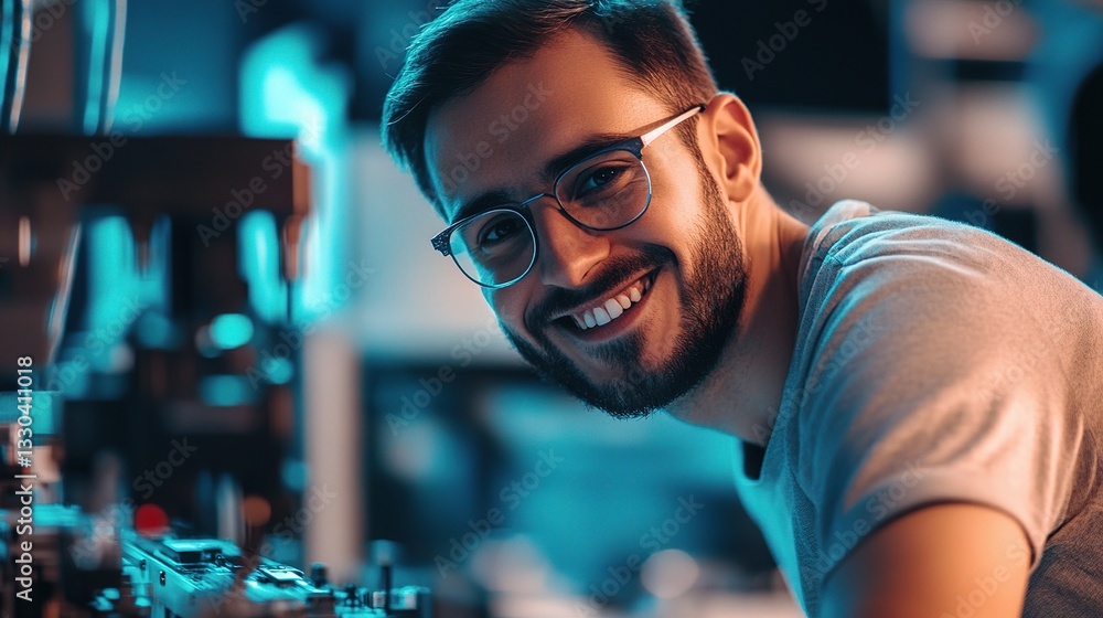 Poster smiling it engineer working in smart factory environment