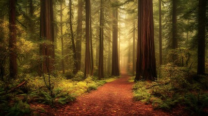 Obraz premium Majestic redwood forest shrouded in mist, with golden leaves and nature’s gentle melody