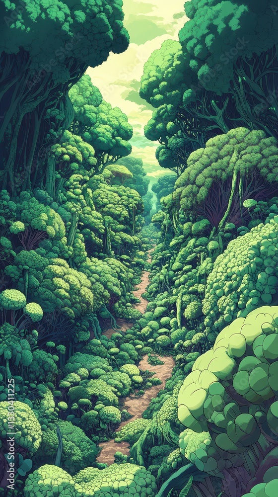 Poster a scenic path winds between lush trees in a forest setting