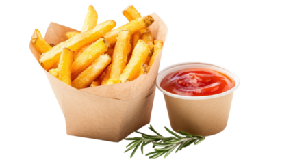 Delicious crispy fries served with a side of ketchup and fresh rosemary sprig for added flavor