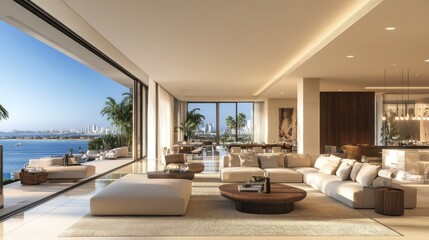 Luxurious beachfront condo living room with ocean views