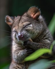 Obraz premium Close up photo of a Green Ringtail Possum grooming its fur intricate details of its soft coat lush rainforest background natural lighting and a peaceful intimate moment in nature