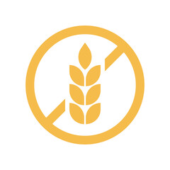 Gluten free icon. Logo symbol gluten free bread. Grain wheat. Oat fiber food against celiac disease. Golden round label isolated on white background. Badge design cereal. Sticker. Vector illustration