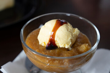 Bienmesabe cream of almonds and honey dessert from the Canary islands with vanila ice cream Spain