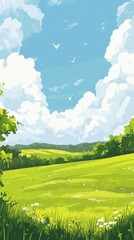 A vibrant green field under a bright blue and cloudy sky