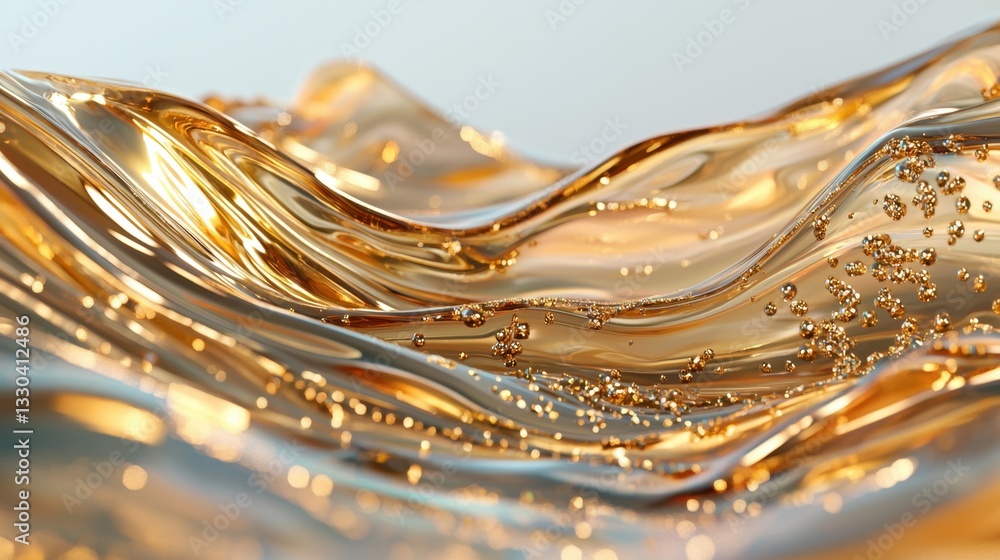 Poster mesmerizing golden waves flow gracefully, capturing light and forming bubbles. the intricate pattern