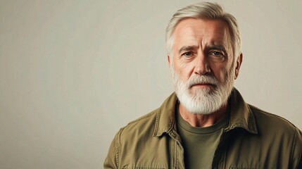Fototapeta premium Thoughtful Senior Man with Beard Posing Against Neutral Background