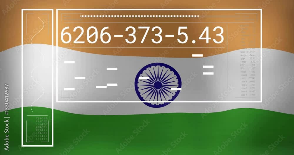 Poster animation of numbers and data processing over indian flag background