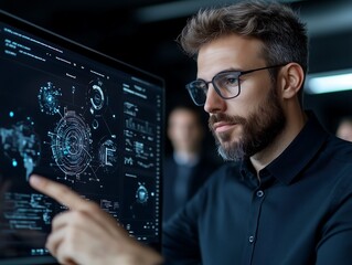 Focused Businessman Interacting with Futuristic AI Interface on Tablet