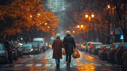 A person helping an elderly woman carry her groceries across the street, with a warm smile